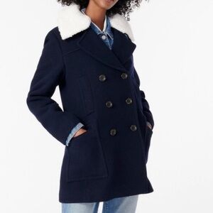J. Crew Italian Stadium Cloth Faux Fur Collar Pea Coat; Wool Blend - Womens 2